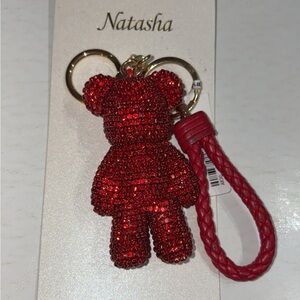 Natasha Couture Red Crystal Teddy Bear Bag Charm with Braided Strap